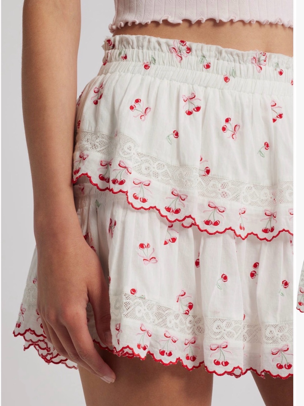 NWT LOVESHACKFANCY Cherry Bow Embroidered Ruffle Skirt size S